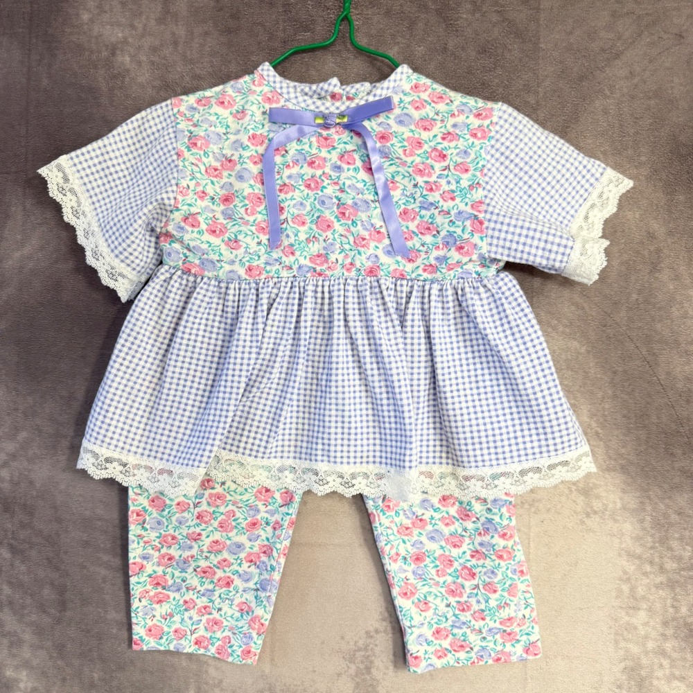 Vintage Sweet Treats Baby Girls 12M Floral Gingham Lace 2pc Top Leggings Set